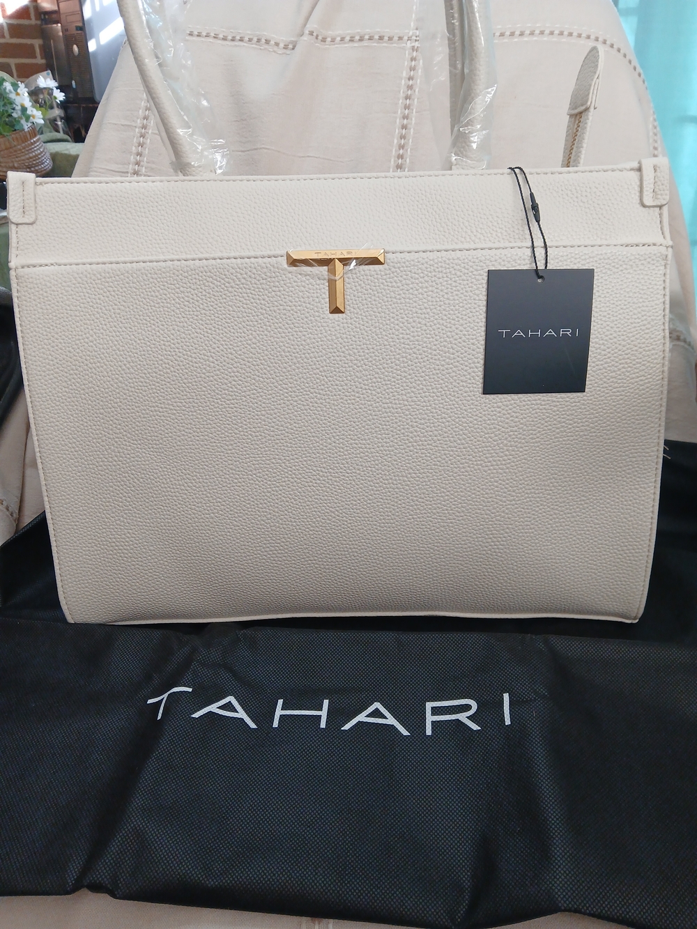 Tahari Cream Pebbled Tote Bag with Gold Accent